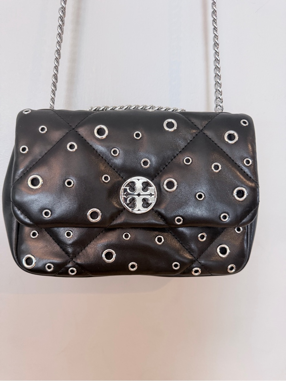 Tory Burch Quilted Black Leather Shoulder Bag with Silver Eyelet Detail